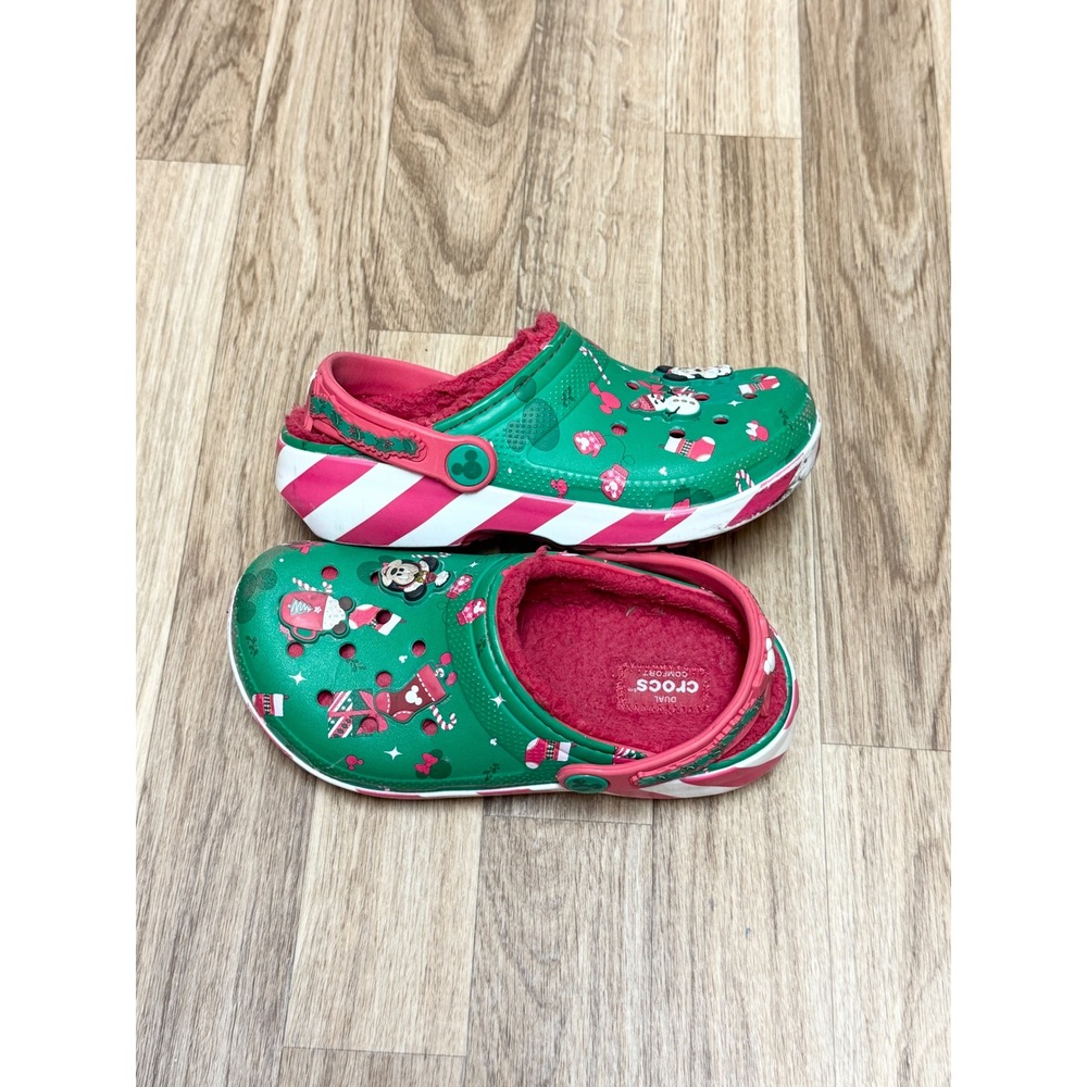 Crocs Kids Disney Mickey Minnie Mouse Christmas Fuzz Lined Clogs Green Red 13